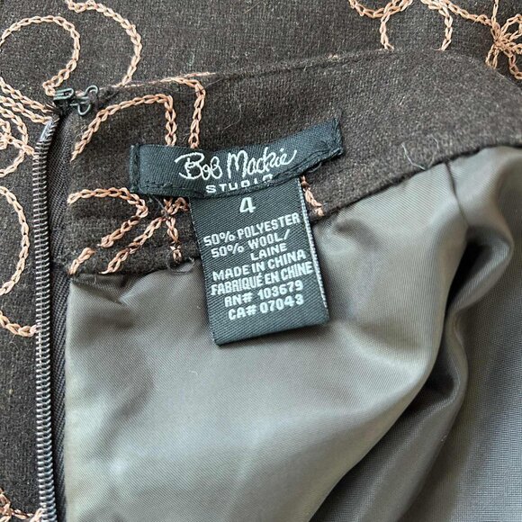 Vintage Bob Mackie Chocolate Wool Floral Embroidered A-Line Midi Skirt – US 4 - Picture 9 of 9